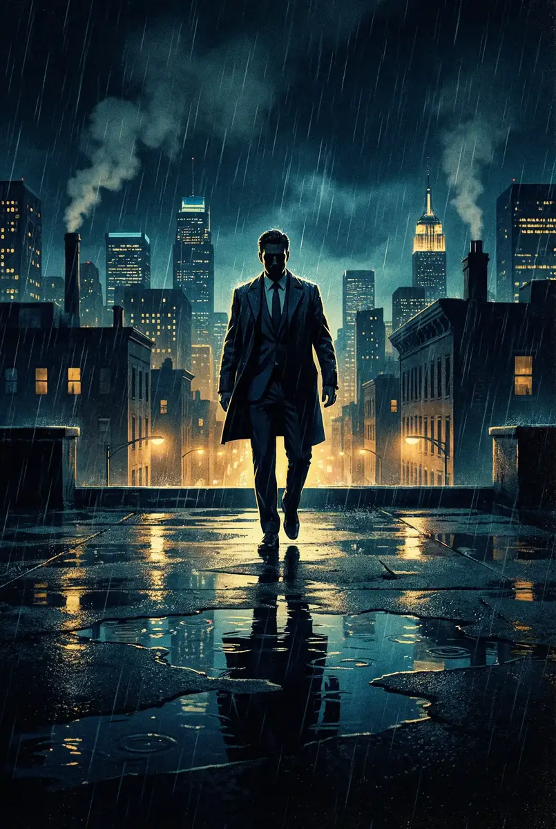 韩娱之权世界攻略 出品影片《雨夜独行者》海报，雨中城市屋顶男性剪影